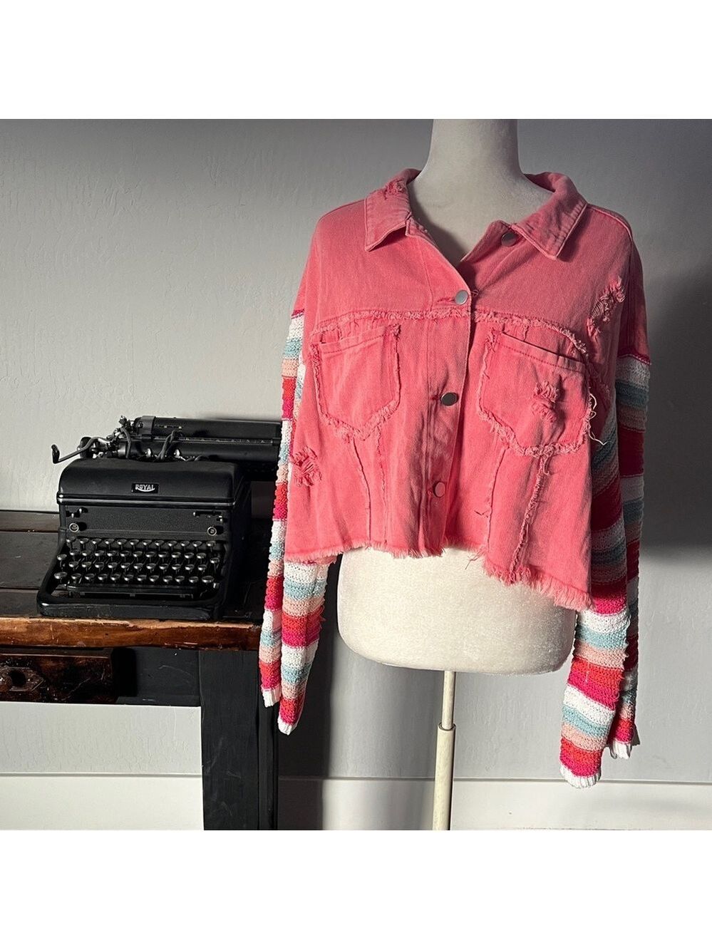 POL Cropped Pink Denim Distressed Jacket with Crochet Sleeves - Size Large - Picture 2 of 16